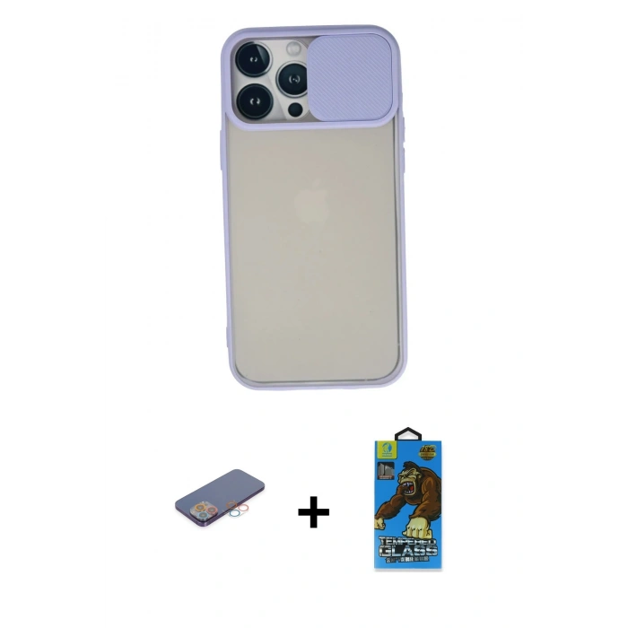 MARSİLYAN™- iPhone 13 Pro Max Kılıf Vadi Çizgi - Siyah 18D Cam Ekran Koruyucu + Renkli Kamera Lens Koruma Cam - PE