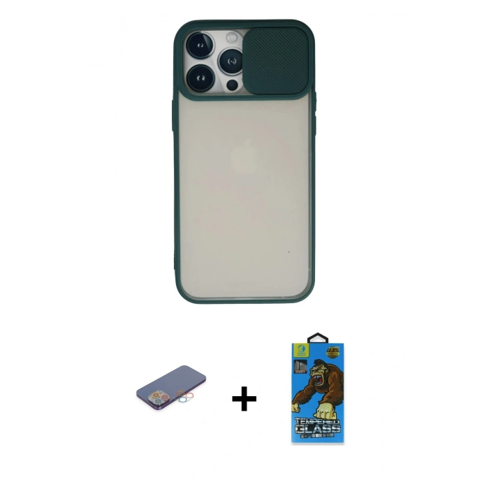 MARSİLYAN™- iPhone 13 Pro Max Kılıf Vadi Çizgi - Siyah 18D Cam Ekran Koruyucu + Renkli Kamera Lens Koruma Cam - PE