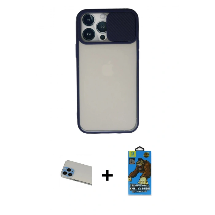 MARSİLYAN™- iPhone 13 Pro Max Kılıf Vadi Çizgi - Siyah 18D Cam Ekran Koruyucu + Rainbow Kamera Lens Koruma Cam - MI