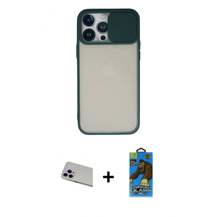 MARSİLYAN™- iPhone 13 Pro Max Kılıf Vadi Çizgi - Siyah 18D Cam Ekran Koruyucu + Rainbow Kamera Lens Koruma Cam - MR