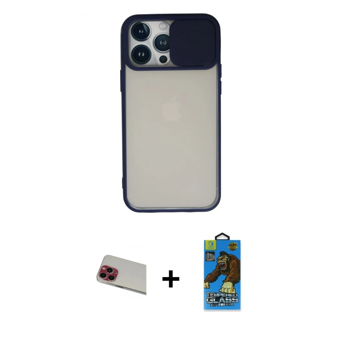 MARSİLYAN™- iPhone 13 Pro Max Kılıf Vadi Çizgi - Siyah 18D Cam Ekran Koruyucu + Rainbow Kamera Lens Koruma Cam - KI