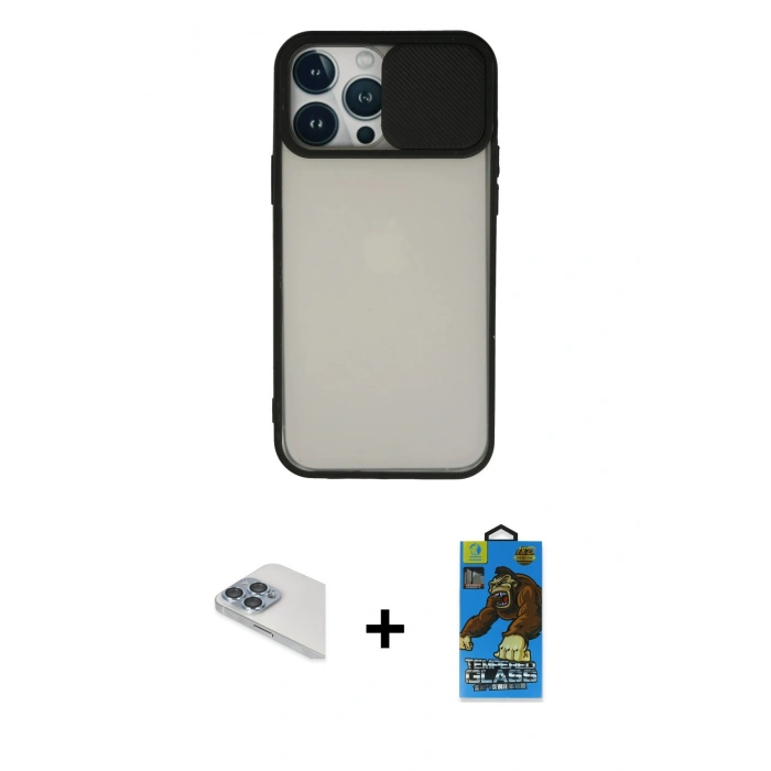 MARSİLYAN™- iPhone 13 Pro Max Kılıf Vadi Çizgi - Siyah 18D Cam Ekran Koruyucu + Pers Alüminyum Kamera Lens - SABE