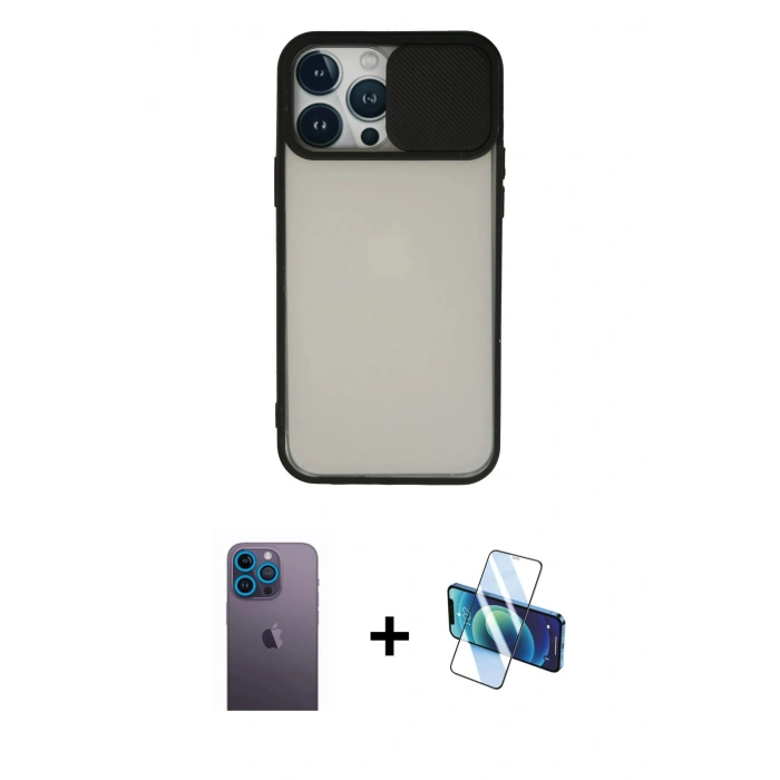 MARSİLYAN™- iPhone 13 Pro Max Kılıf Vadi Çizgi - Siyah 3D Antistatik Cam Ekran Koruyucu + Neon Fosforlu Kamera Lens - MI