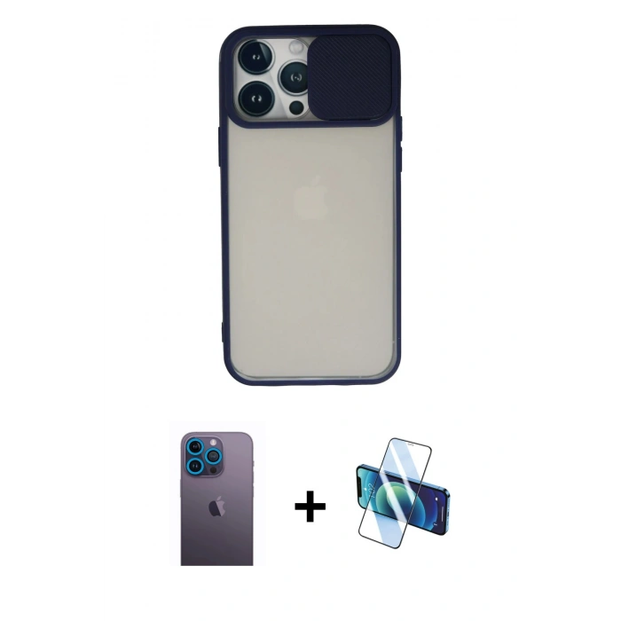 MARSİLYAN™- iPhone 13 Pro Max Kılıf Vadi Çizgi - Siyah 3D Antistatik Cam Ekran Koruyucu + Neon Fosforlu Kamera Lens - MI
