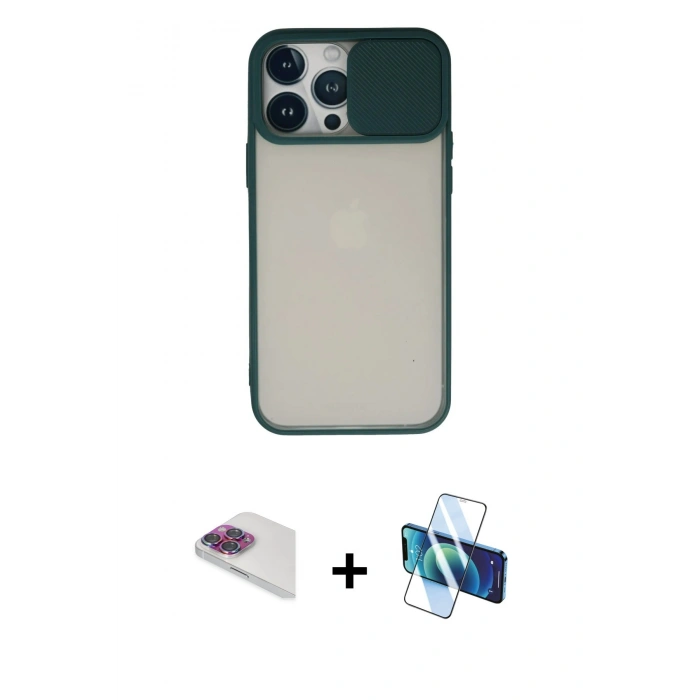 MARSİLYAN™- iPhone 13 Pro Max Kılıf Vadi Çizgi - Siyah 3D Antistatik Cam Ekran Koruyucu + Pers Alüminyum Kamera Lens - GI
