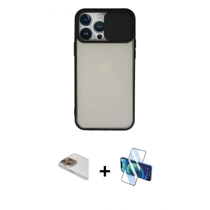 MARSİLYAN™- iPhone 13 Pro Max Kılıf Vadi Çizgi - Siyah 3D Antistatik Cam Ekran Koruyucu + Pers Alüminyum Kamera Lens - GD