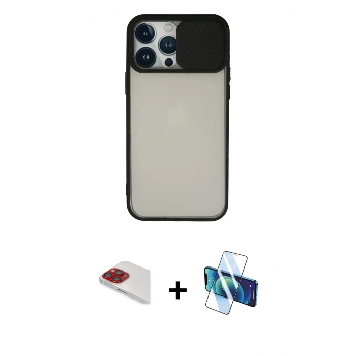 MARSİLYAN™- iPhone 13 Pro Max Kılıf Vadi Çizgi - Siyah 3D Antistatik Cam Ekran Koruyucu + Pers Alüminyum Kamera Lens - KI