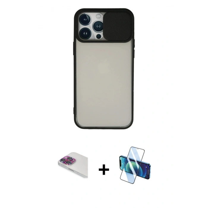 MARSİLYAN™- iPhone 13 Pro Max Kılıf Vadi Çizgi - Siyah 3D Antistatik Cam Ekran Koruyucu + Pers Alüminyum Kamera Lens - GI