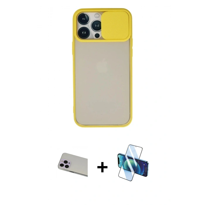 MARSİLYAN™- iPhone 13 Pro Max Kılıf Vadi Çizgi - Siyah 3D Antistatik Cam Ekran Koruyucu + Rainbow Kamera Lens Koruma Cam - MR
