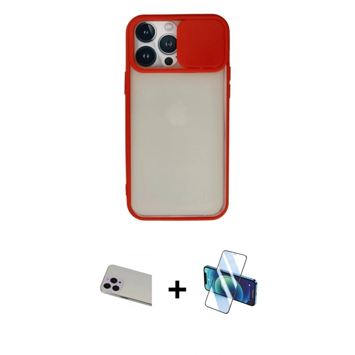 MARSİLYAN™- iPhone 13 Pro Max Kılıf Vadi Çizgi - Siyah 3D Antistatik Cam Ekran Koruyucu + Rainbow Kamera Lens Koruma Cam - MR