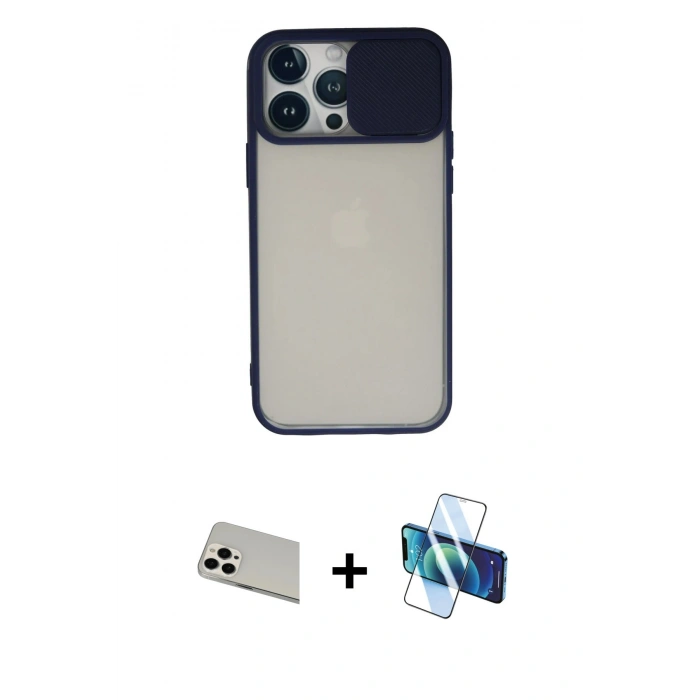 MARSİLYAN™- iPhone 13 Pro Max Kılıf Vadi Çizgi - Siyah 3D Antistatik Cam Ekran Koruyucu + Rainbow Kamera Lens Koruma Cam - BZ