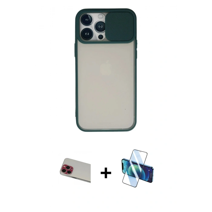 MARSİLYAN™- iPhone 13 Pro Max Kılıf Vadi Çizgi - Siyah 3D Antistatik Cam Ekran Koruyucu + Rainbow Kamera Lens Koruma Cam - KI