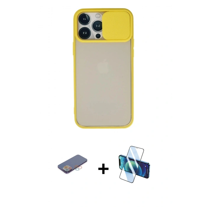 MARSİLYAN™- iPhone 13 Pro Max Kılıf Vadi Çizgi - Siyah 3D Antistatik Cam Ekran Koruyucu + Renkli Kamera Lens Koruma Cam - PE