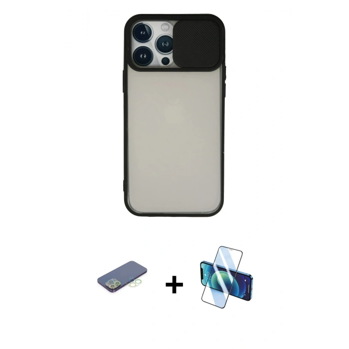 MARSİLYAN™- iPhone 13 Pro Max Kılıf Vadi Çizgi - Siyah 3D Antistatik Cam Ekran Koruyucu + Renkli Kamera Lens Koruma Cam - YL