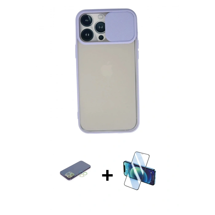 MARSİLYAN™- iPhone 13 Pro Max Kılıf Vadi Çizgi - Siyah 3D Antistatik Cam Ekran Koruyucu + Renkli Kamera Lens Koruma Cam - YL