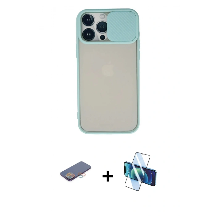 MARSİLYAN™- iPhone 13 Pro Max Kılıf Vadi Çizgi - Siyah 3D Antistatik Cam Ekran Koruyucu + Renkli Kamera Lens Koruma Cam - PE