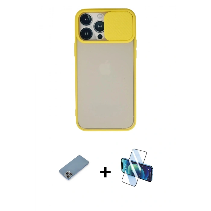 MARSİLYAN™- iPhone 13 Pro Max Kılıf Vadi Çizgi - Siyah 3D Antistatik Cam Ekran Koruyucu + Shine Kamera Lens Koruma Cam - GI