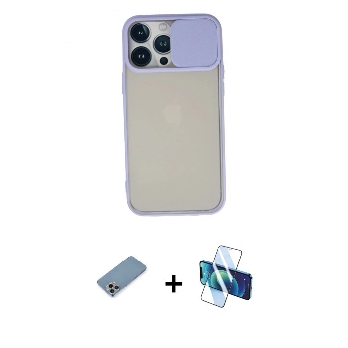 MARSİLYAN™- iPhone 13 Pro Max Kılıf Vadi Çizgi - Siyah 3D Antistatik Cam Ekran Koruyucu + Shine Kamera Lens Koruma Cam - GI