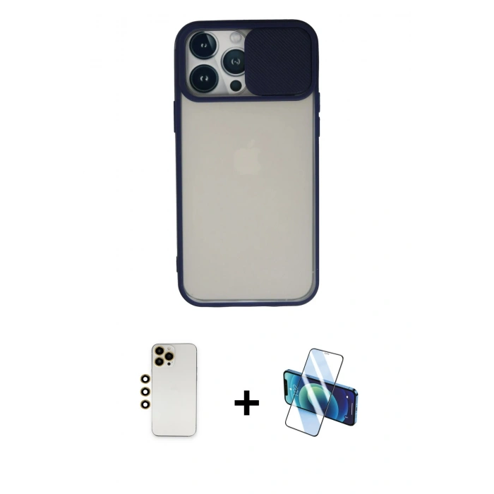 MARSİLYAN™- iPhone 13 Pro Max Kılıf Vadi Çizgi - Siyah 3D Antistatik Cam Ekran Koruyucu + Shine Kamera Lens - GD