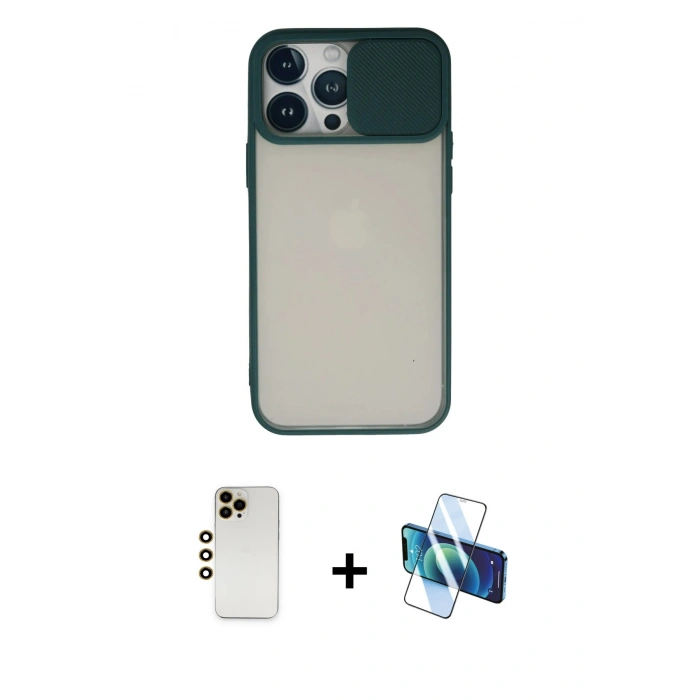 MARSİLYAN™- iPhone 13 Pro Max Kılıf Vadi Çizgi - Siyah 3D Antistatik Cam Ekran Koruyucu + Shine Kamera Lens - GD