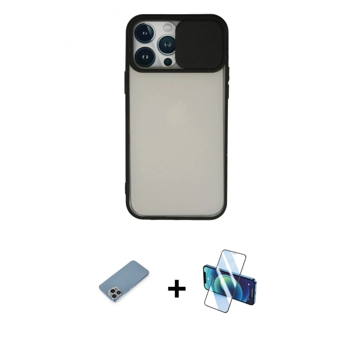 MARSİLYAN™- iPhone 13 Pro Max Kılıf Vadi Çizgi - Siyah 3D Antistatik Cam Ekran Koruyucu + Shine Kamera Lens Koruma Cam - GI