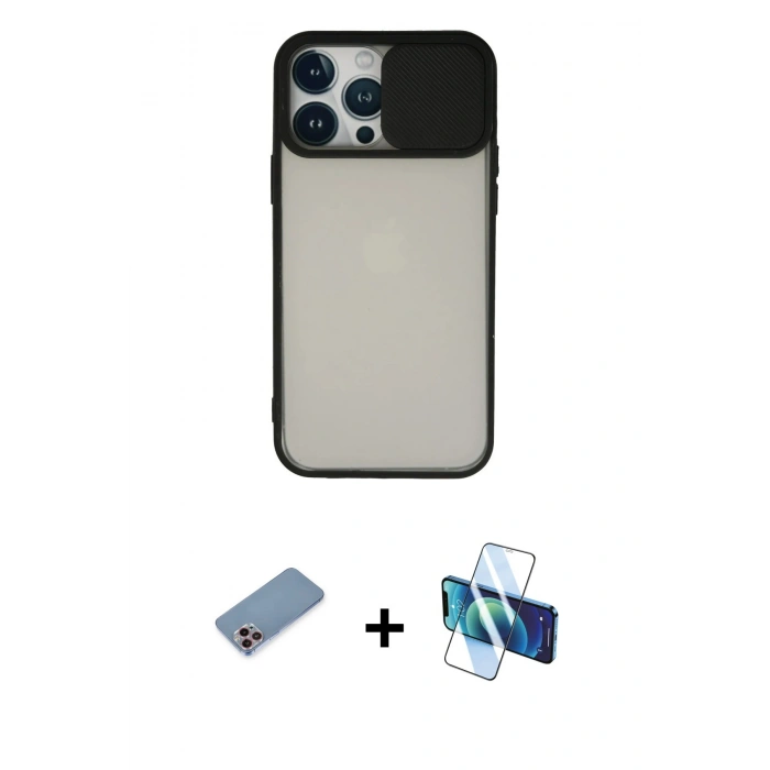 MARSİLYAN™- iPhone 13 Pro Max Kılıf Vadi Çizgi - Siyah 3D Antistatik Cam Ekran Koruyucu + Shine Kamera Lens Koruma Cam - PE