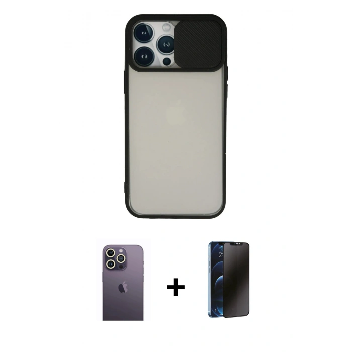 MARSİLYAN™- iPhone 13 Pro Max Kılıf Vadi Çizgi - Siyah 3D Antistatik Hayalet Cam Ekran Koruyucu + Neon Fosforlu Kamera Lens - BZ
