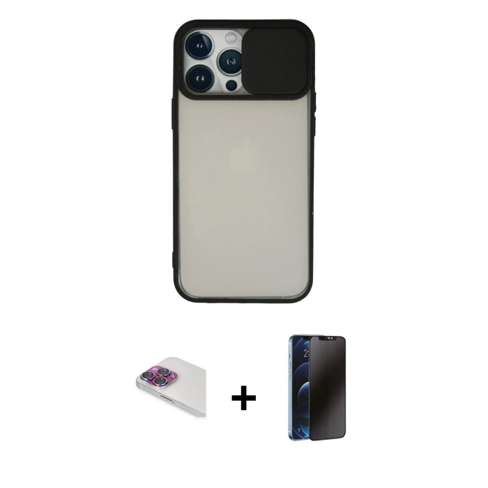 MARSİLYAN™- iPhone 13 Pro Max Kılıf Vadi Çizgi - Siyah 3D Antistatik Hayalet Cam Ekran Koruyucu + Pers Alüminyum Kamera Lens - GI
