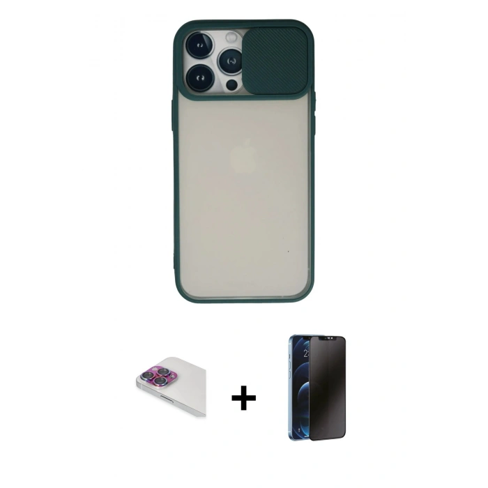 MARSİLYAN™- iPhone 13 Pro Max Kılıf Vadi Çizgi - Siyah 3D Antistatik Hayalet Cam Ekran Koruyucu + Pers Alüminyum Kamera Lens - GI