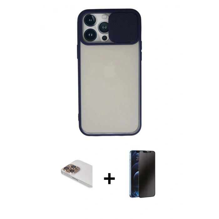 MARSİLYAN™- iPhone 13 Pro Max Kılıf Vadi Çizgi - Siyah 3D Antistatik Hayalet Cam Ekran Koruyucu + Pers Alüminyum Kamera Lens - GD