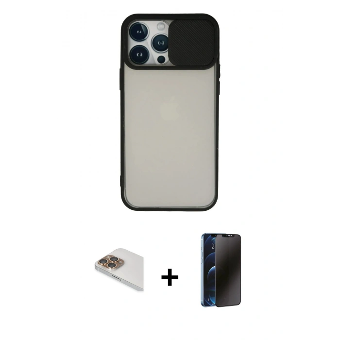 MARSİLYAN™- iPhone 13 Pro Max Kılıf Vadi Çizgi - Siyah 3D Antistatik Hayalet Cam Ekran Koruyucu + Pers Alüminyum Kamera Lens - GD