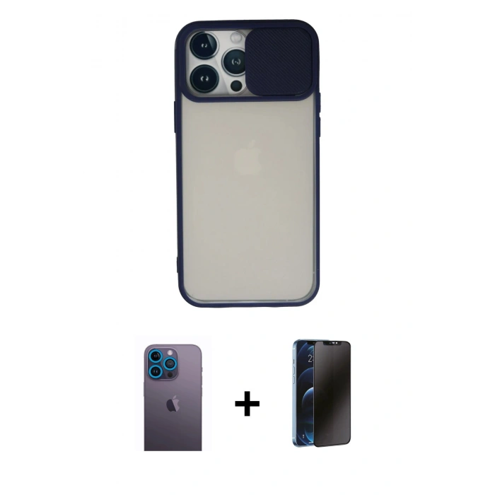 MARSİLYAN™- iPhone 13 Pro Max Kılıf Vadi Çizgi - Siyah 3D Antistatik Hayalet Cam Ekran Koruyucu + Neon Fosforlu Kamera Lens - MI