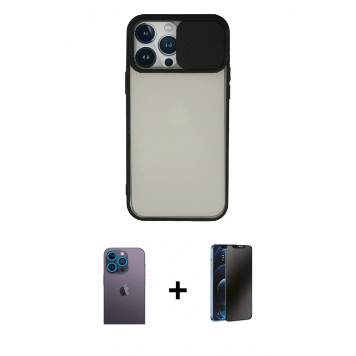 MARSİLYAN™- iPhone 13 Pro Max Kılıf Vadi Çizgi - Siyah 3D Antistatik Hayalet Cam Ekran Koruyucu + Neon Fosforlu Kamera Lens - MI