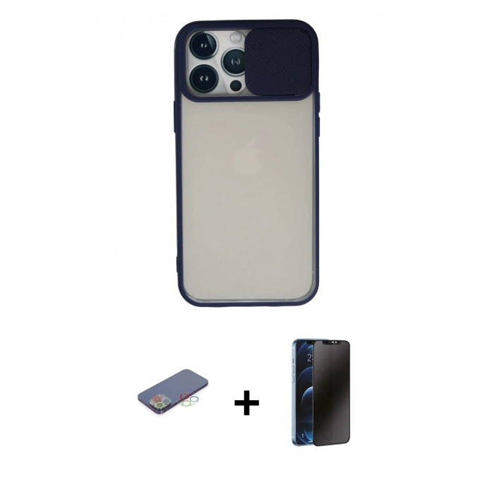 MARSİLYAN™- iPhone 13 Pro Max Kılıf Vadi Çizgi - Siyah 3D Antistatik Hayalet Cam Ekran Koruyucu + Renkli Kamera Lens Koruma Cam - MI