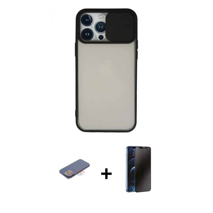 MARSİLYAN™- iPhone 13 Pro Max Kılıf Vadi Çizgi - Siyah 3D Antistatik Hayalet Cam Ekran Koruyucu + Renkli Kamera Lens Koruma Cam - PE