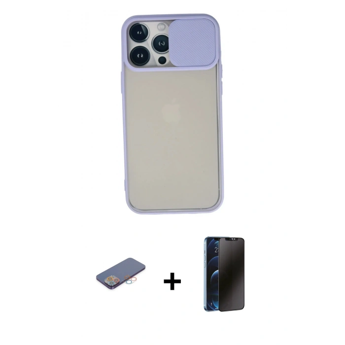 MARSİLYAN™- iPhone 13 Pro Max Kılıf Vadi Çizgi - Siyah 3D Antistatik Hayalet Cam Ekran Koruyucu + Renkli Kamera Lens Koruma Cam - PE