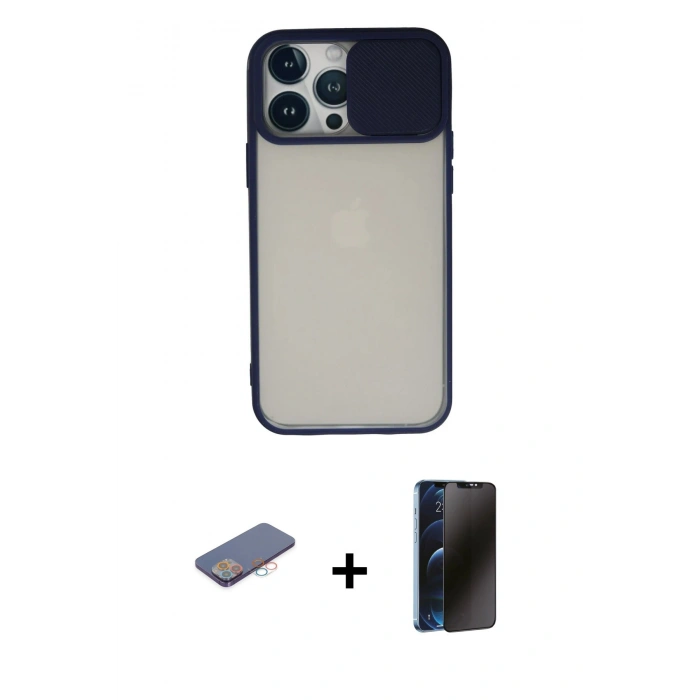 MARSİLYAN™- iPhone 13 Pro Max Kılıf Vadi Çizgi - Siyah 3D Antistatik Hayalet Cam Ekran Koruyucu + Renkli Kamera Lens Koruma Cam - PE