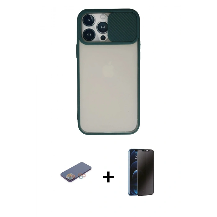 MARSİLYAN™- iPhone 13 Pro Max Kılıf Vadi Çizgi - Siyah 3D Antistatik Hayalet Cam Ekran Koruyucu + Renkli Kamera Lens Koruma Cam - PE