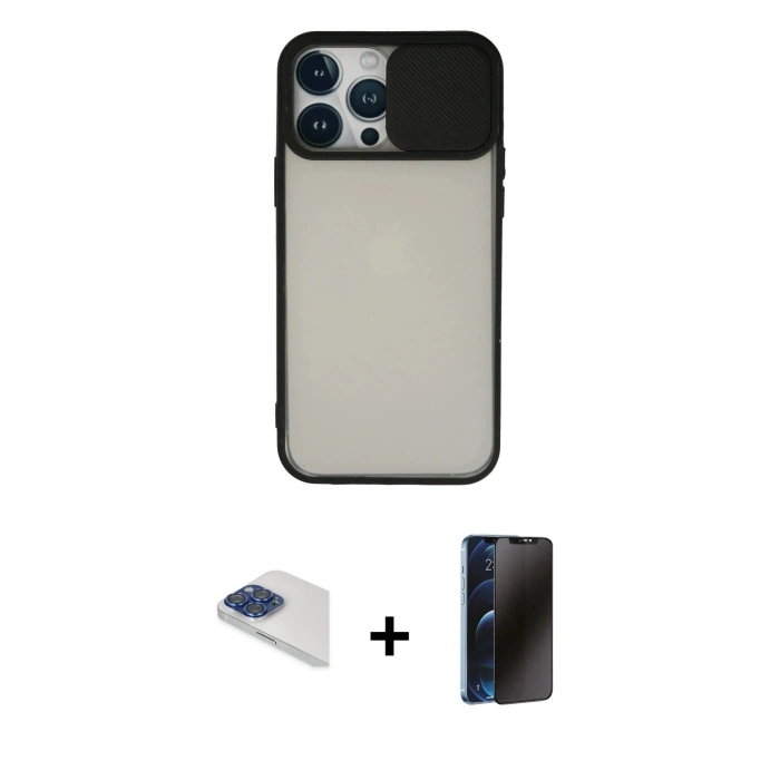 MARSİLYAN™- iPhone 13 Pro Max Kılıf Vadi Çizgi - Siyah 3D Antistatik Hayalet Cam Ekran Koruyucu + Pers Alüminyum Kamera Lens - LT