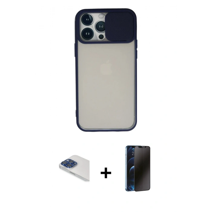 MARSİLYAN™- iPhone 13 Pro Max Kılıf Vadi Çizgi - Siyah 3D Antistatik Hayalet Cam Ekran Koruyucu + Pers Alüminyum Kamera Lens - LT