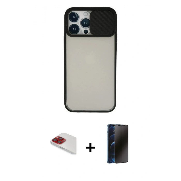 MARSİLYAN™- iPhone 13 Pro Max Kılıf Vadi Çizgi - Siyah 3D Antistatik Hayalet Cam Ekran Koruyucu + Pers Alüminyum Kamera Lens - KI