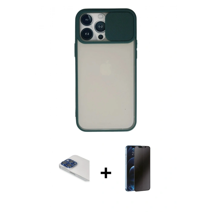 MARSİLYAN™- iPhone 13 Pro Max Kılıf Vadi Çizgi - Siyah 3D Antistatik Hayalet Cam Ekran Koruyucu + Pers Alüminyum Kamera Lens - LT