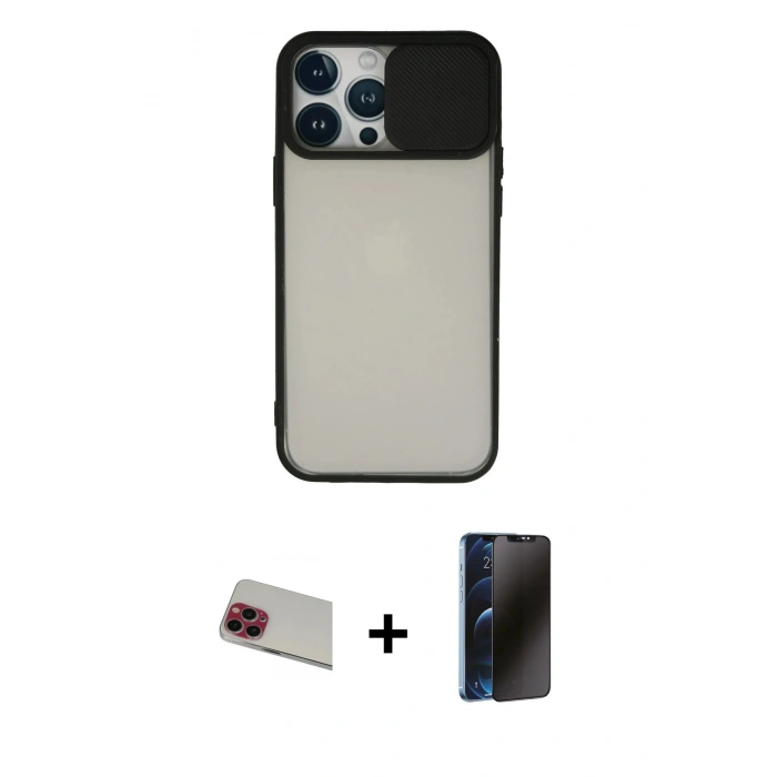 MARSİLYAN™- iPhone 13 Pro Max Kılıf Vadi Çizgi - Siyah 3D Antistatik Hayalet Cam Ekran Koruyucu + Rainbow Kamera Lens Koruma Cam - KI
