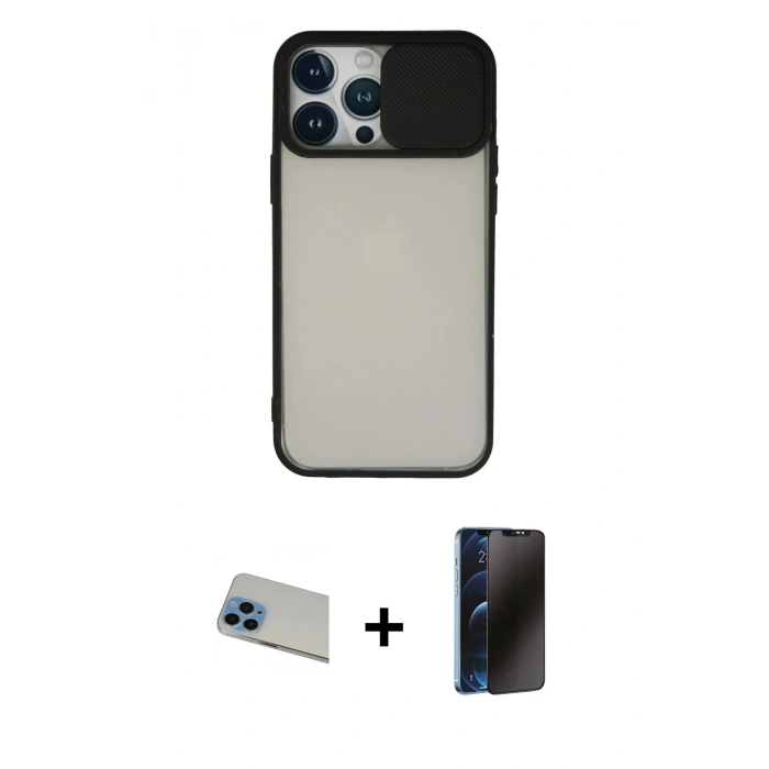 MARSİLYAN™- iPhone 13 Pro Max Kılıf Vadi Çizgi - Siyah 3D Antistatik Hayalet Cam Ekran Koruyucu + Rainbow Kamera Lens Koruma Cam - MI
