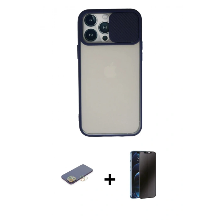 MARSİLYAN™- iPhone 13 Pro Max Kılıf Vadi Çizgi - Siyah 3D Antistatik Hayalet Cam Ekran Koruyucu + Renkli Kamera Lens Koruma Cam - SI