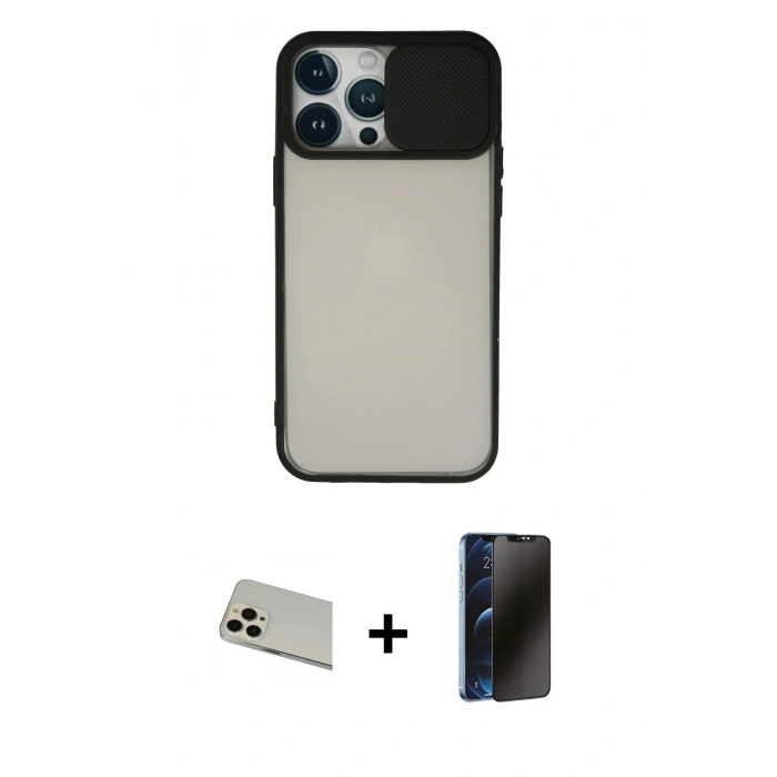 MARSİLYAN™- iPhone 13 Pro Max Kılıf Vadi Çizgi - Siyah 3D Antistatik Hayalet Cam Ekran Koruyucu + Rainbow Kamera Lens Koruma Cam - REGD