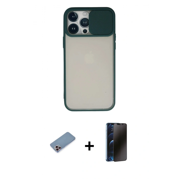 MARSİLYAN™- iPhone 13 Pro Max Kılıf Vadi Çizgi - Siyah 3D Antistatik Hayalet Cam Ekran Koruyucu + Shine Kamera Lens Koruma Cam - PE