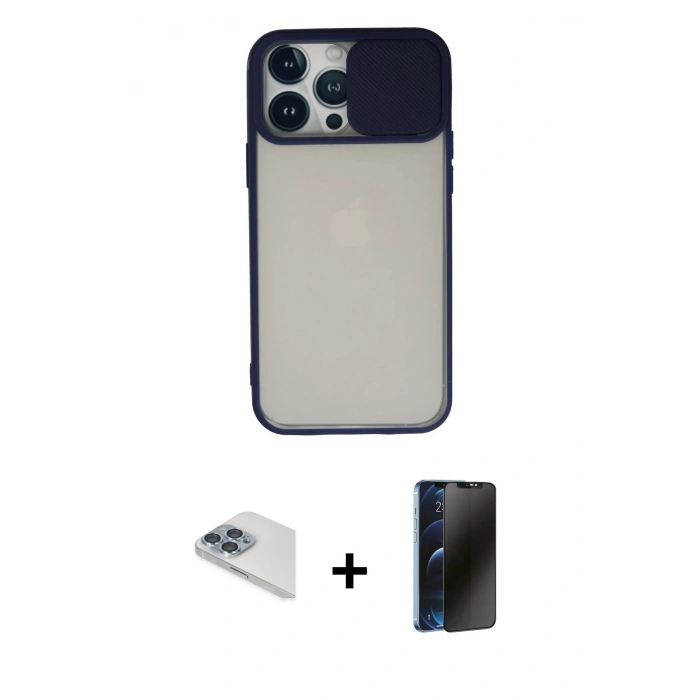 MARSİLYAN™- iPhone 13 Pro Max Kılıf Vadi Çizgi - Siyah 3D Antistatik Hayalet Cam Ekran Koruyucu + Pers Alüminyum Kamera Lens - SABE