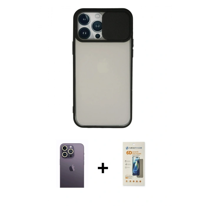 MARSİLYAN™- iPhone 13 Pro Max Kılıf Vadi Çizgi - Siyah 6D Mat Seramik Hayalet Nano Ekran Koruyucu + Neon Fosforlu Kamera Lens - BZ