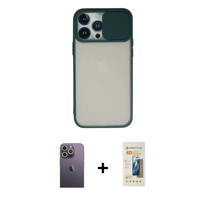 MARSİLYAN™- iPhone 13 Pro Max Kılıf Vadi Çizgi - Siyah 6D Mat Seramik Hayalet Nano Ekran Koruyucu + Neon Fosforlu Kamera Lens - BZ